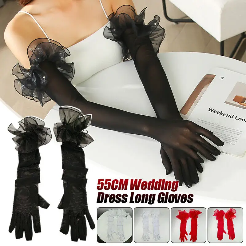 Dress Formal Women Long Lace Pearl Mittens Etiquette Gloves Bridal Wedding Opera Dress Gloves Red White Black New