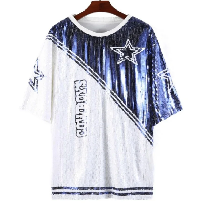 CHIC New Spring Summer Bling Sequined Women's T-shirt Top Star Patchwork Jersey Loose Punk Long Tee Dress  Drop Shipping