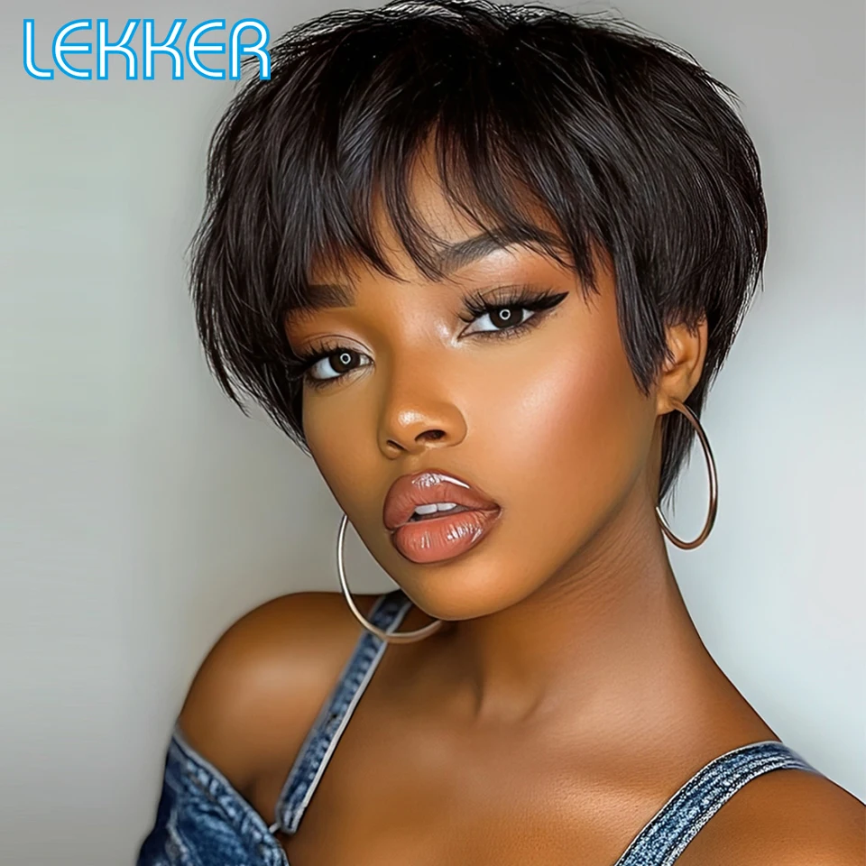 

Черные короткие парики Lekker с прямой стрижкой пикси, 100% натуральные человеческие волосы, для женщин, бразильские волосы Реми, полностью машинной работы, с боковым пробором, парики-боб