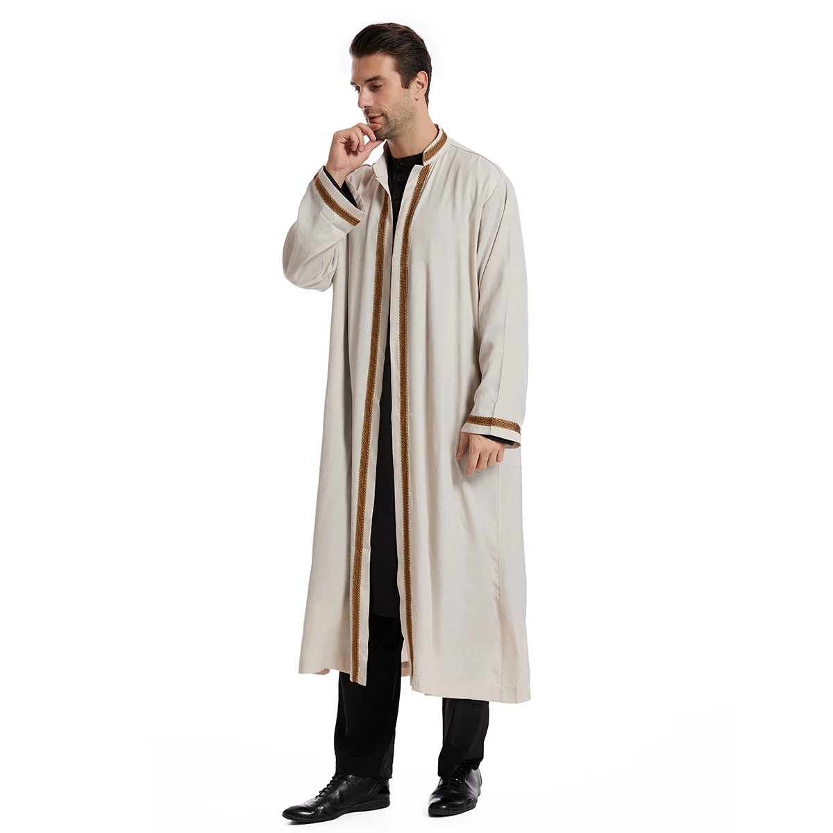 Męska sukienka z długim rękawem na Eid Ramadan, haftowana Jubba Thobe, arabski islamski męski kardigan kimono, marokańska szata, turecki kaftan