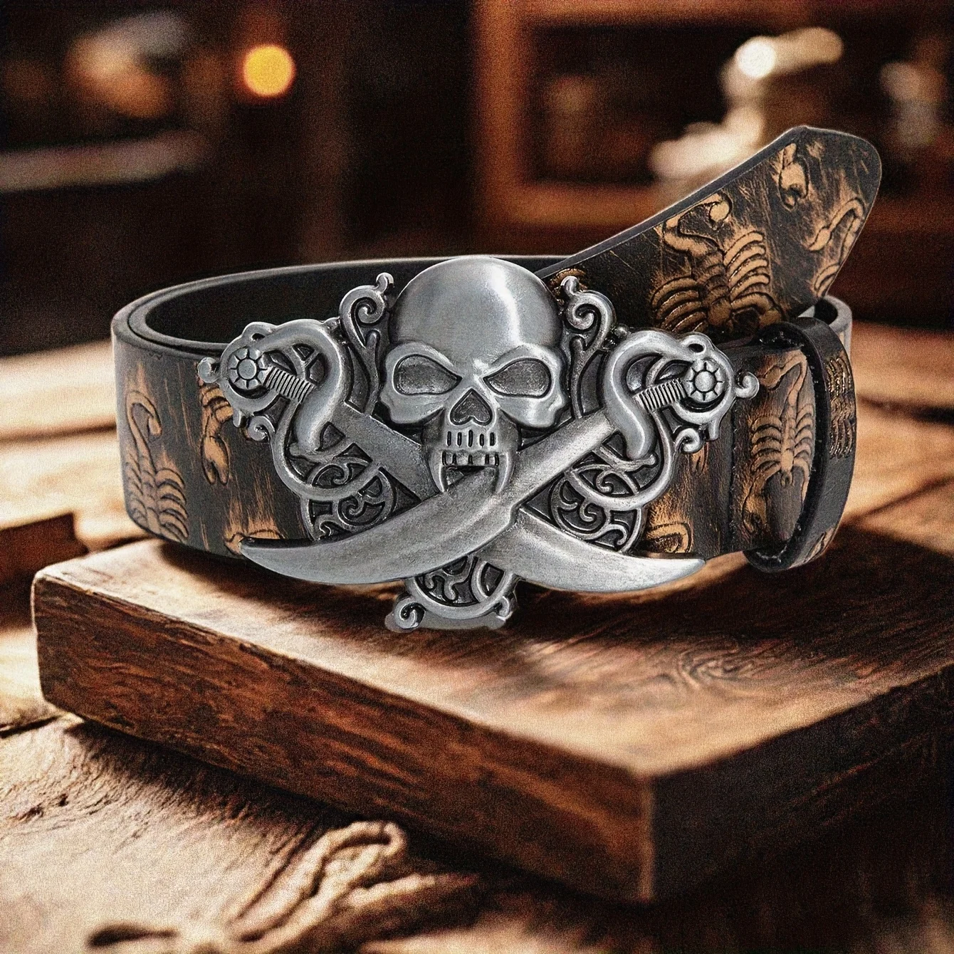 Men's coffee-colored punk dark style Y2K pirate skull scorpion pattern embossed belt, Halloween party wearable, everyday wear, j