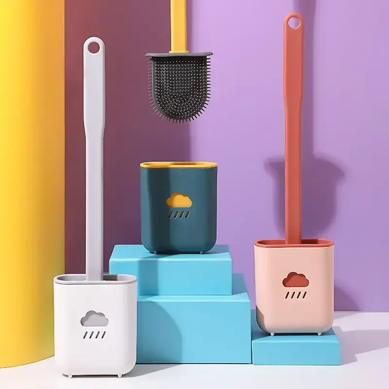 Silicone Toilet  Brush Wc Gap Brush with Holder Flat Head Soft Bristles Cleaning Brushes With Quick Drying Bracket Bathroom Tool