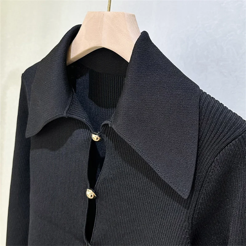 Cárdigan para mujer primavera 2026 nuevo tejido elástico ajustado top de manga larga manga trompeta solapa suéter de mujer abrigo de mujer