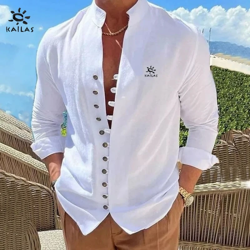 New men's high-quality cotton and linen Henry collar long sleeved shirt, fashionable, casual, comfortable and versatile top