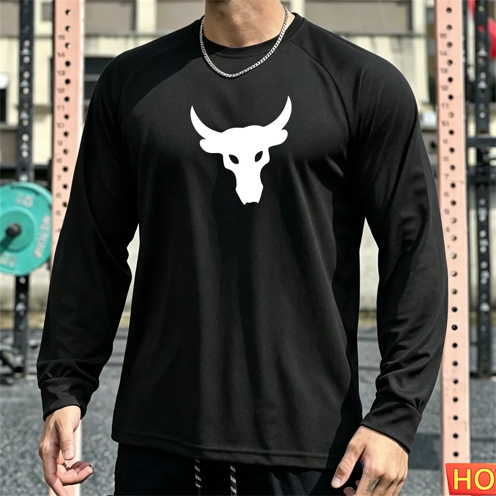 Autumn Men's Long sleeved T-shirt Bull Head Pattern Men's Fitness T-shirt Cotton Elastic Sports T-shirts Breathable Gym clothing