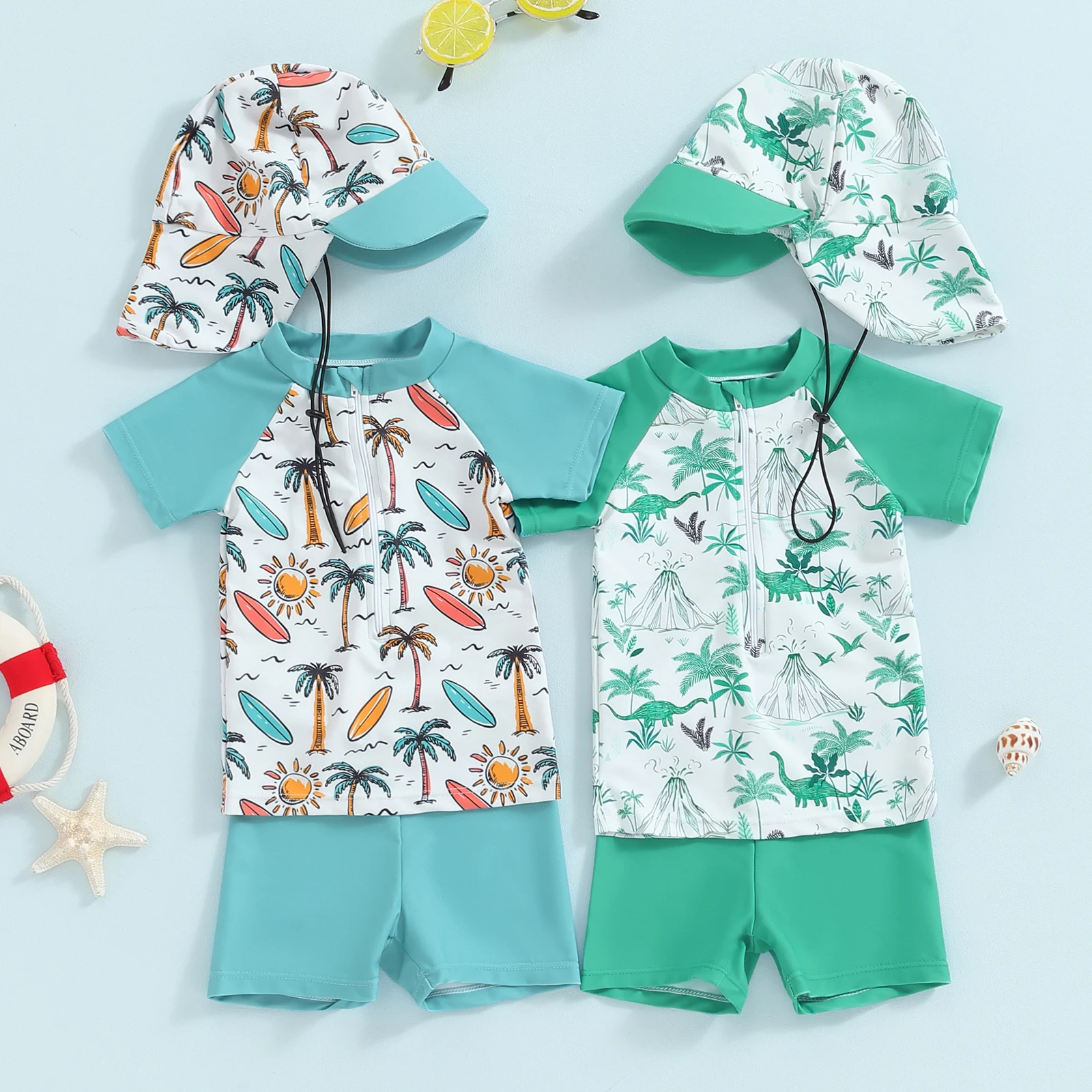 

3 Piece Kids Boys Rash Guard Set Swimsuit Palm Tree/Dinosaur Print Short Sleeve Tops Swim Trunks Swim Cap Bathing Suit