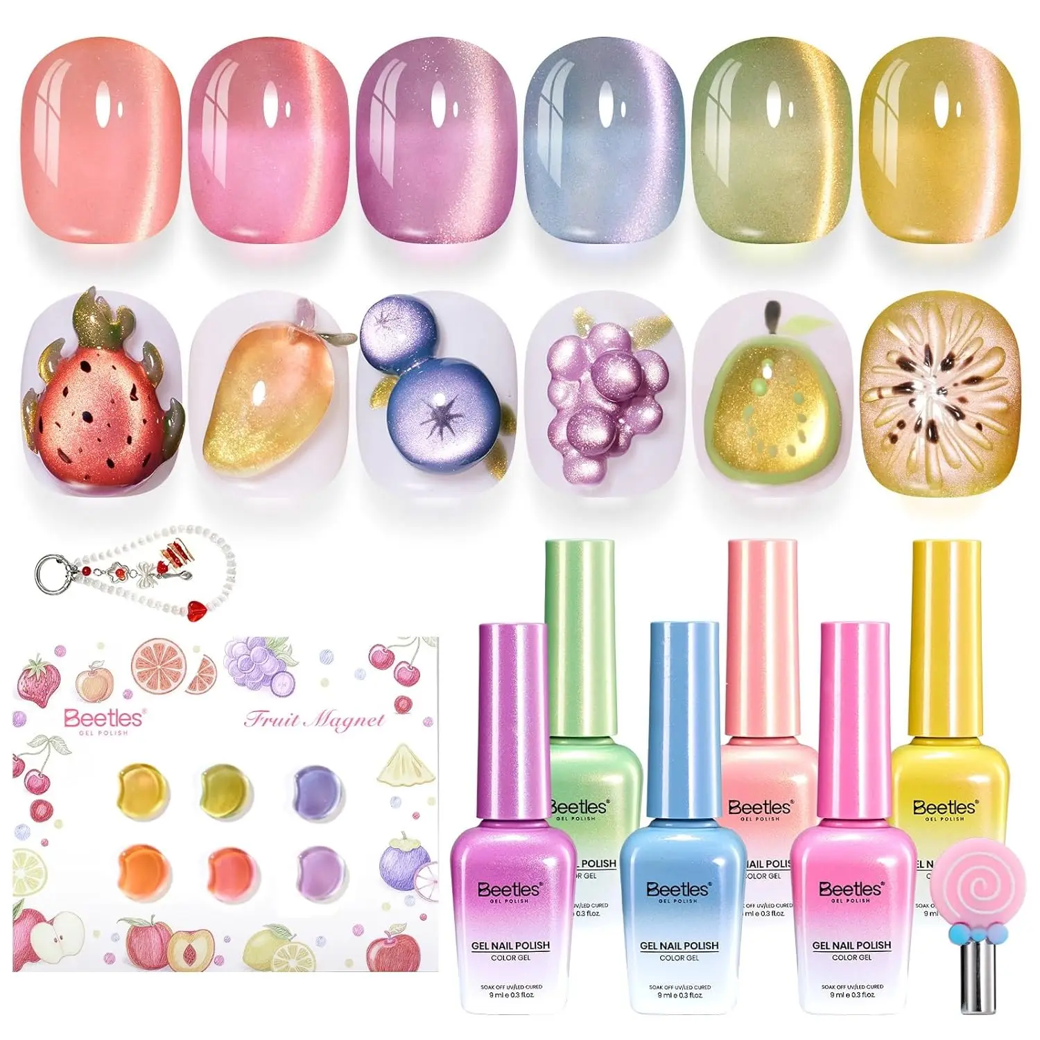 

6 Color Fruit Cat Eye Gel Nail Polish Set - Spring Glitter Magnetic UV Soak Off Kit for Women