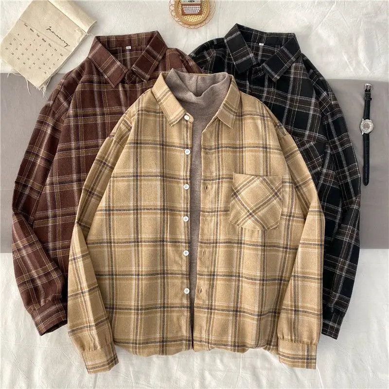Plaid Shirts Vintage Long Sleeve Oversize Button Up Shirt Korean Fashion Casual Single Breasted Button Blouse Fall Outwear Tops
