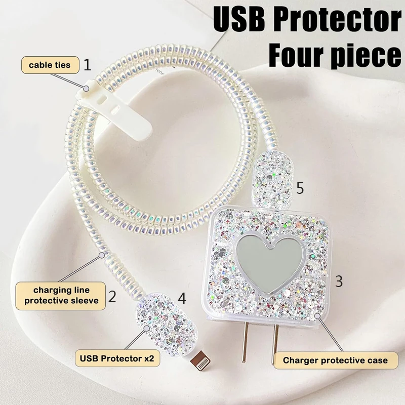 Charger Cable Protector Mirror Glitter Love Heart Design For IPhone 15 14 13 18W 20W Charger Data Line Spiral Winder Protective