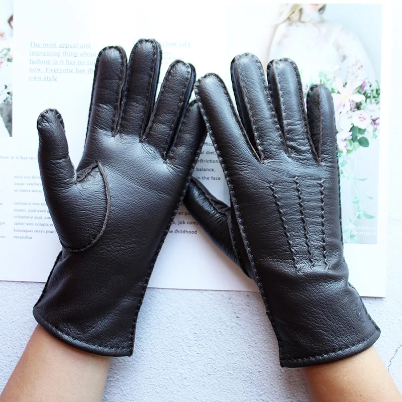 Guantes de cuero genuino para mujer, forro de lana de piel de ciervo, finos, cálidos para otoño, para conducir en motocicleta al aire libre, guantes