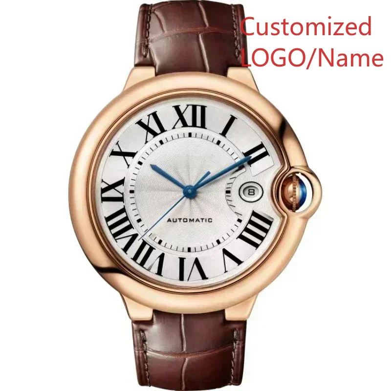 الرجال النساء الياقوت بالون سلسلة التلقائي حركة ميكانيكية ساعة الفولاذ المقاوم للصدأ حزام من الجلد الأسود الأزرق حسب الطلب #1