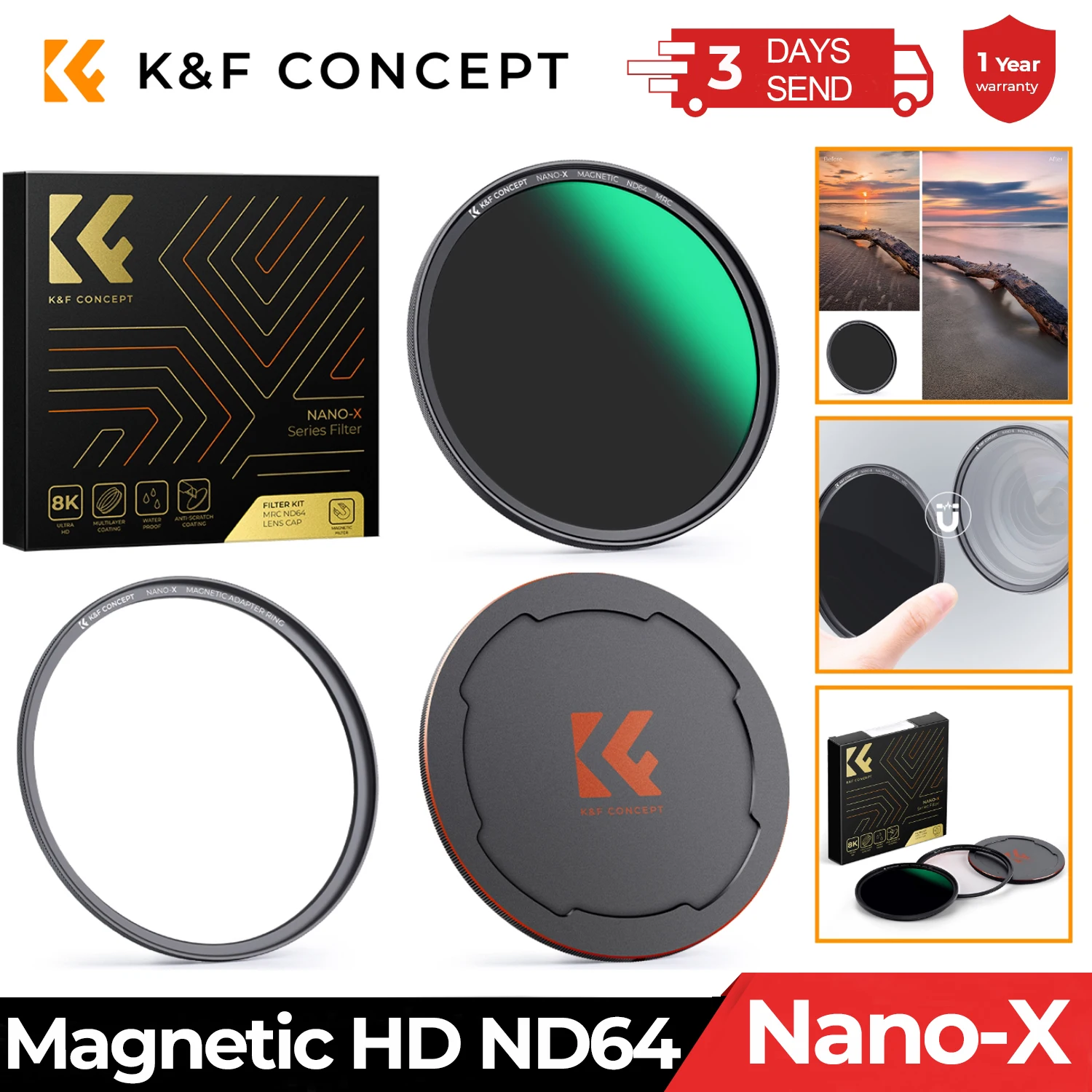 K&F Concept Magnetic HD ND64 Nano-x Camera Lens Filter Multi-Layer Coatings with Lens Cap Filter 49mm 52mm 58mm 62mm 67mm