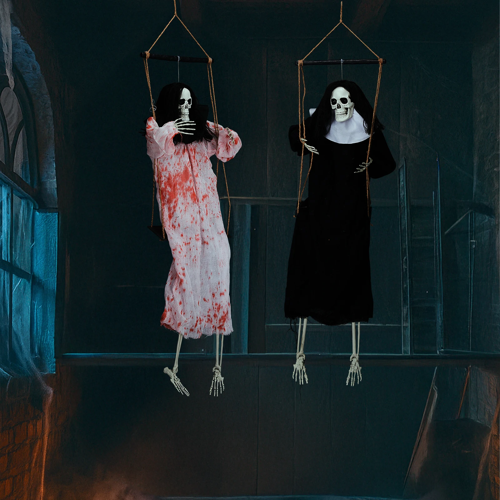 

Outdoor Halloween Decorations 2 Packs Hanging Ghosts Decor with Lighted Up Eyes and Horror Scream, 3ft Scary Grim Reaper Swingin
