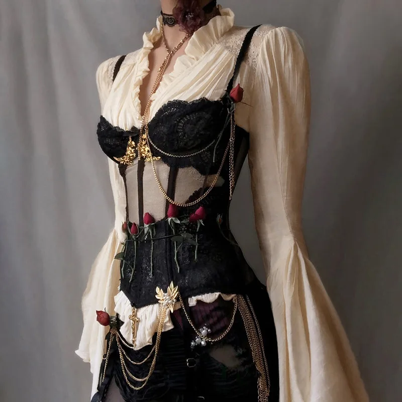 Goth Dark Vintage Fashion Blouses Shirts Women Batwing Sleeve Mall Gothic V-Neck Slim Shirts Tops Embellished Halloween Clothes