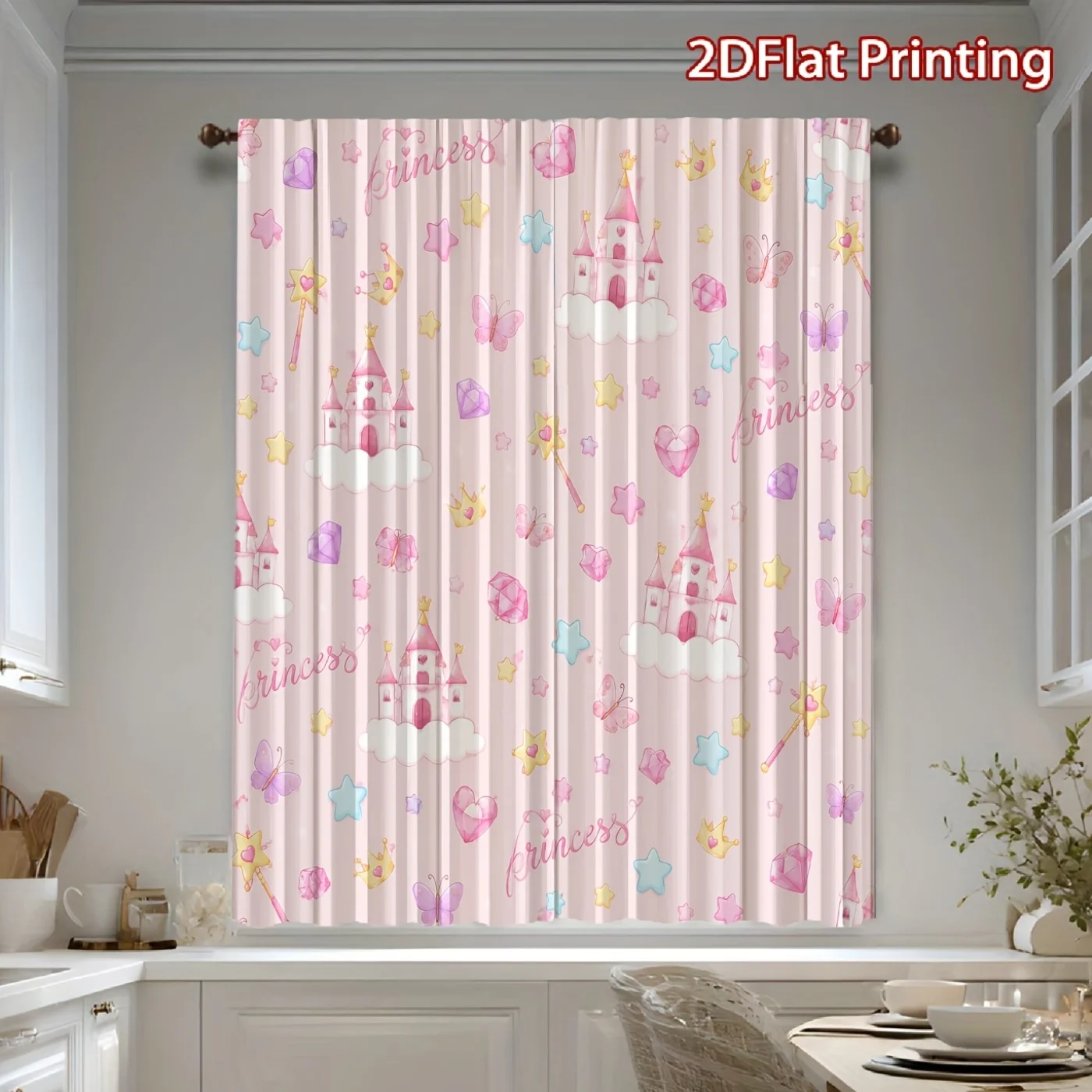 Cute Pink Princess Castle Pattern Curtains for Nursery Room Kids Bedroom Window Drapes