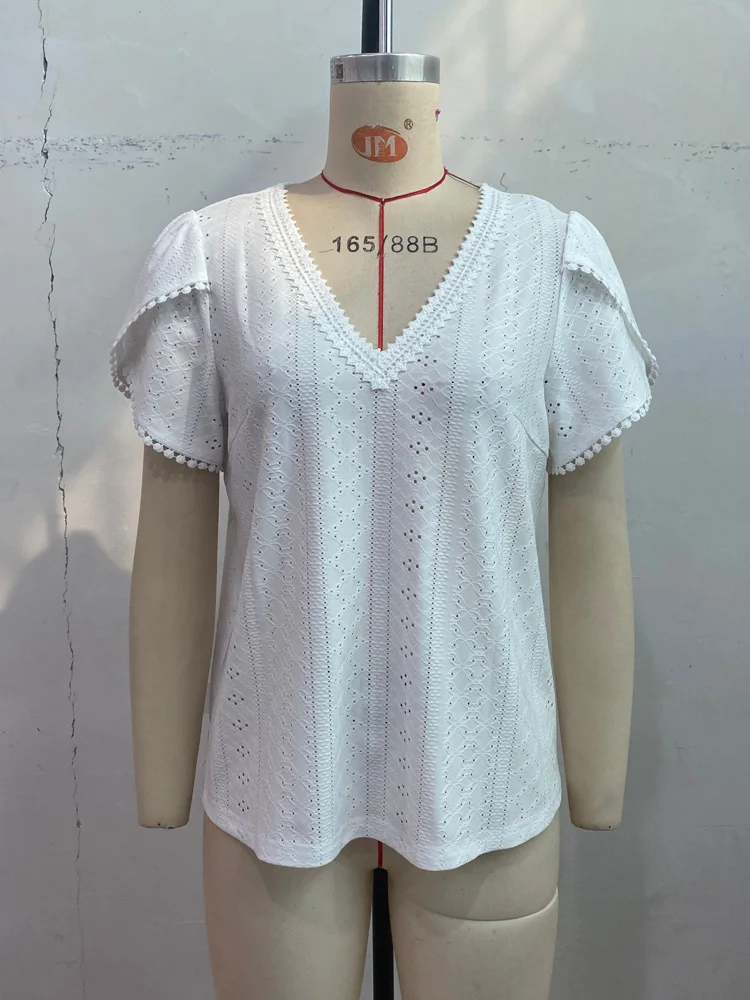 Benuynffy White V-neck Shirt Women's Fashion 2024 New Summer Short Sleeved Boho Tops Female Casual Lace Trim Hollow-out Blouses