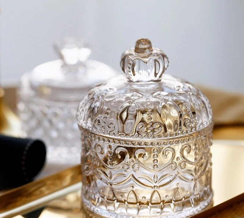 Creative Crown Embossed Glass Jar, Vintage Crystal Style, Coffee & Candy Jar with Lid, Ideal for Storing Jewelry, Cotton Swabs,