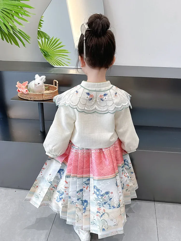 Original Chinese Style Ming Dynasty Girl Pink Print Dress Skirt Horse Face Skirt Hanfu Daily Horse Face Pony Skirt