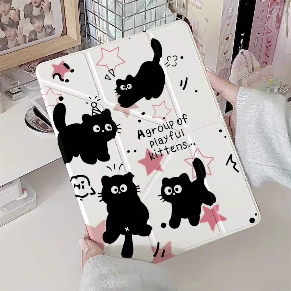 Étui pour tablette Y-Fold Edge haute clarté pour Apple iPad Pro 11 2021/2022 Mini 6 8,3 pouces avec support pour stylet, rose étoile, chats noirs