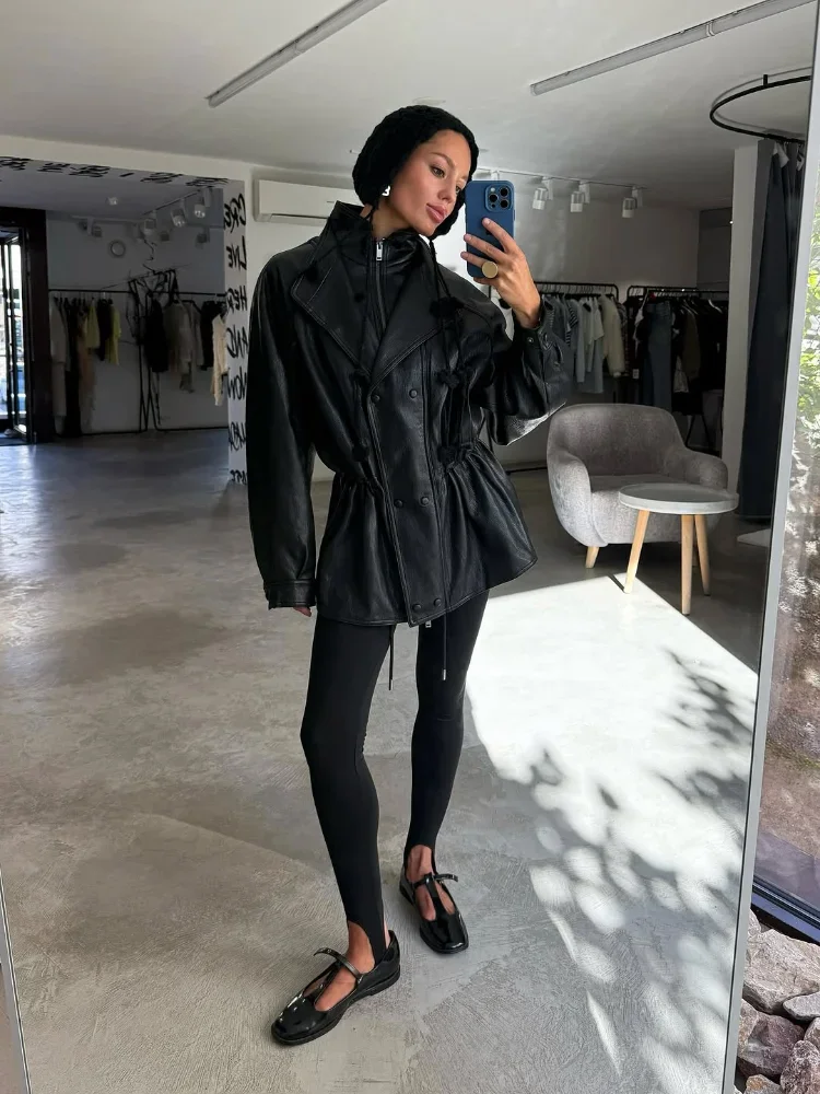 Women Vintage Black Midi Leather Jacket Fashion Stand Collar Double Breasted Zipper Loose Jackets 2026 Lady Daily Street Coat