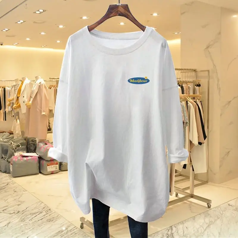 Spring Autumn New O-neck Long Sleeve Pure Cotton Basic T-shirt Women Casual Loose Solid Pullover All-match Chic Top 35-100Kg