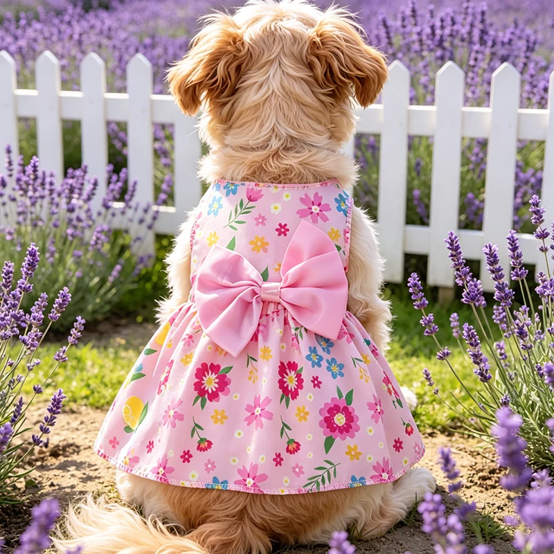 Vestido de Princesa para Perro, Falda de Verano para Mascotas, Vestidos para Perros con Lazo y Estampado Rosa para Cachorros Pequeños y Medianos, Ropa para Poodle y Chihuahua