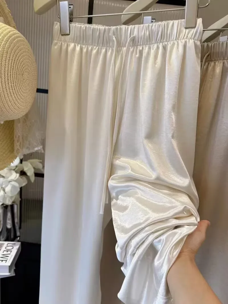 Ele Acetate Satin Wide Leg Pants Women's Summer New Elastic High Waist Texture Drape Casual Straight Long Trousers