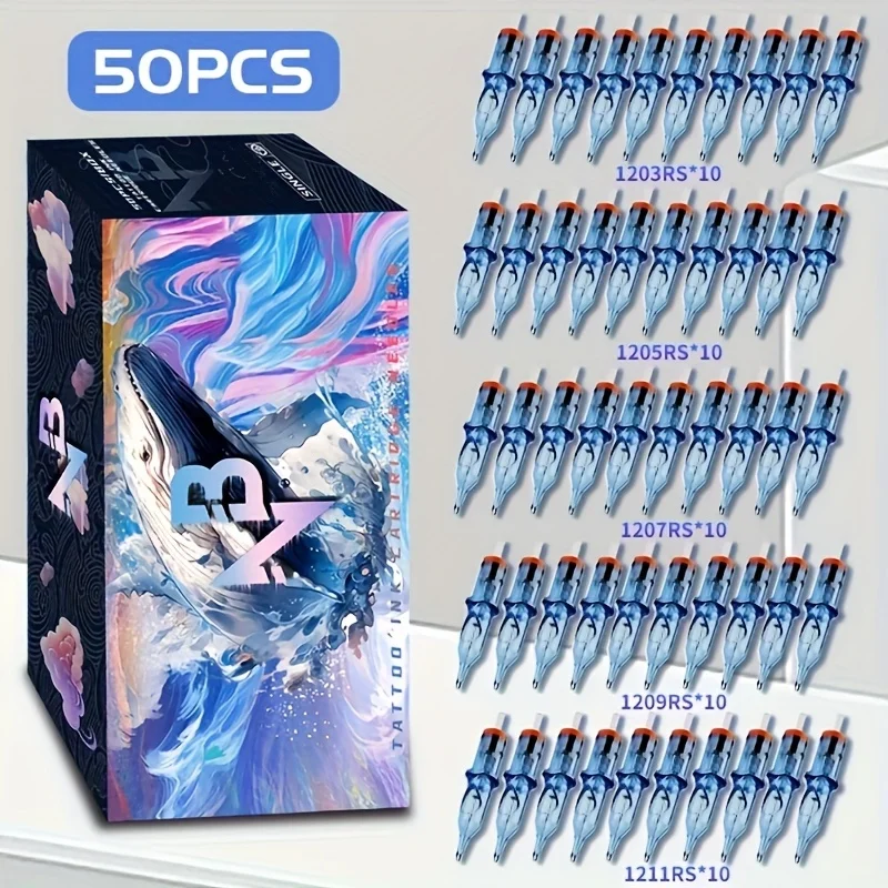 

Gold Plume 50 Pcs/Set Blue Whale Tattoo Cartridge Needles, Model 1203-Rs/ 1205-Rs/ 1207-Rs/ 1209-Rs/ 1211-Rs, Disposable Mixed Size Tattoo Needles Standard Round Liner, Suitable for Tattoo Artists and Beginners in Body Art Design Tattoo Supplies