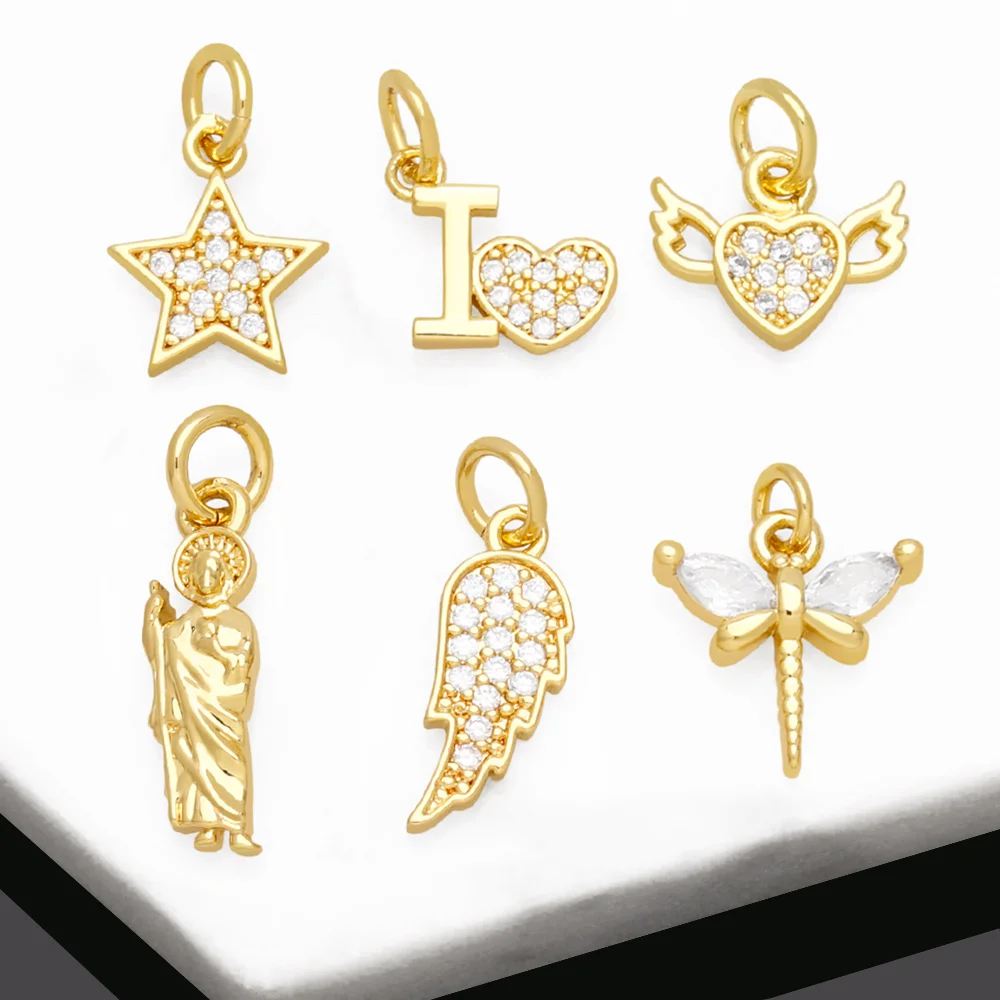OCESRIO White Crystal Little Star Charms for Bracelet Earring Copper Gold Plated Heart Wings Jewelry Making Supplies chma235