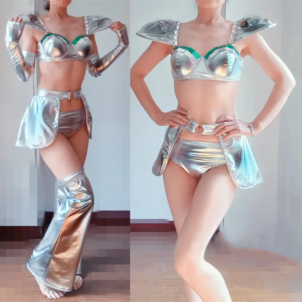الفضة الليزر مرآة بيكيني تنورة صغيرة الرقص الزي مثير المرأة راقصة المغني ملهى ليلي مرحلة الأداء زي نادي حفلة الهذيان