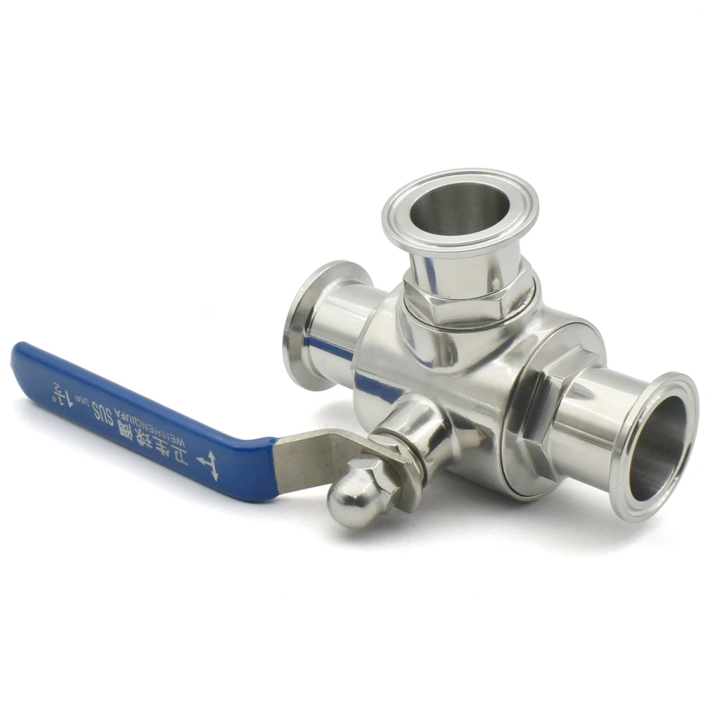 19/25/32/38/45/51mm SS304/316L Stainless Steel Sanitary Grade T-shaped Three-way Ball Valve, T/L Port Ring Type OD50.5/64mm
