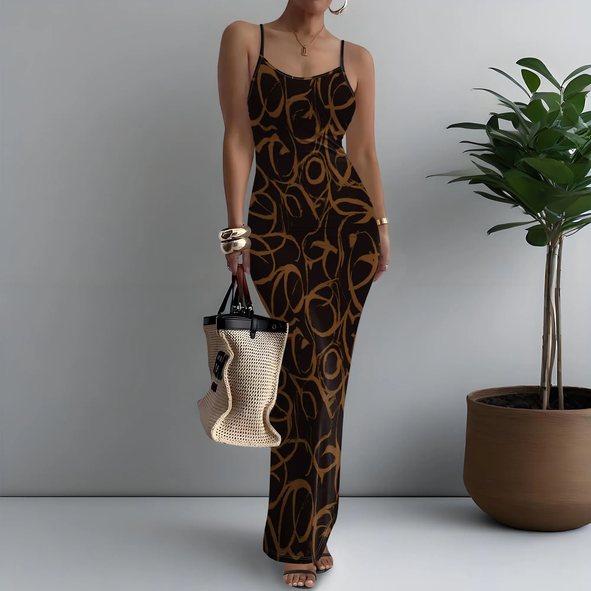 

Sexy Abstract Print Spaghetti Strap Bodycon Maxi Dress XS-3XL, Summer Sleeveless Beach Party Outfit for Women Vacation Look