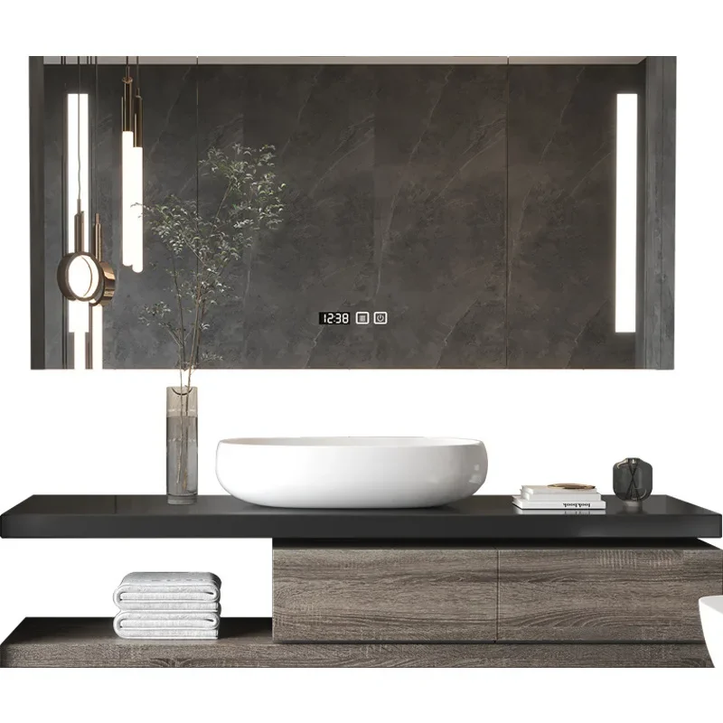 

Modern light luxury, bathroom cabinet, rock slab ceramic basin, toilet, face wash table, smart