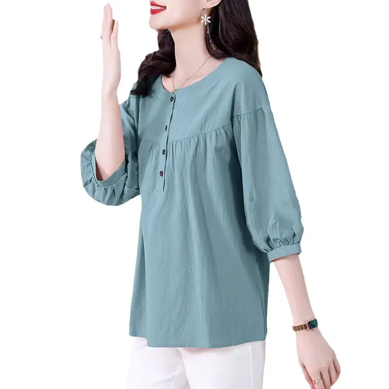 Fashion 3/4 Sleeve Loose Blouse Solid Summer New O-neck Loose Pleated Button Vintage Shirt Tops Casual Office Women Clothing