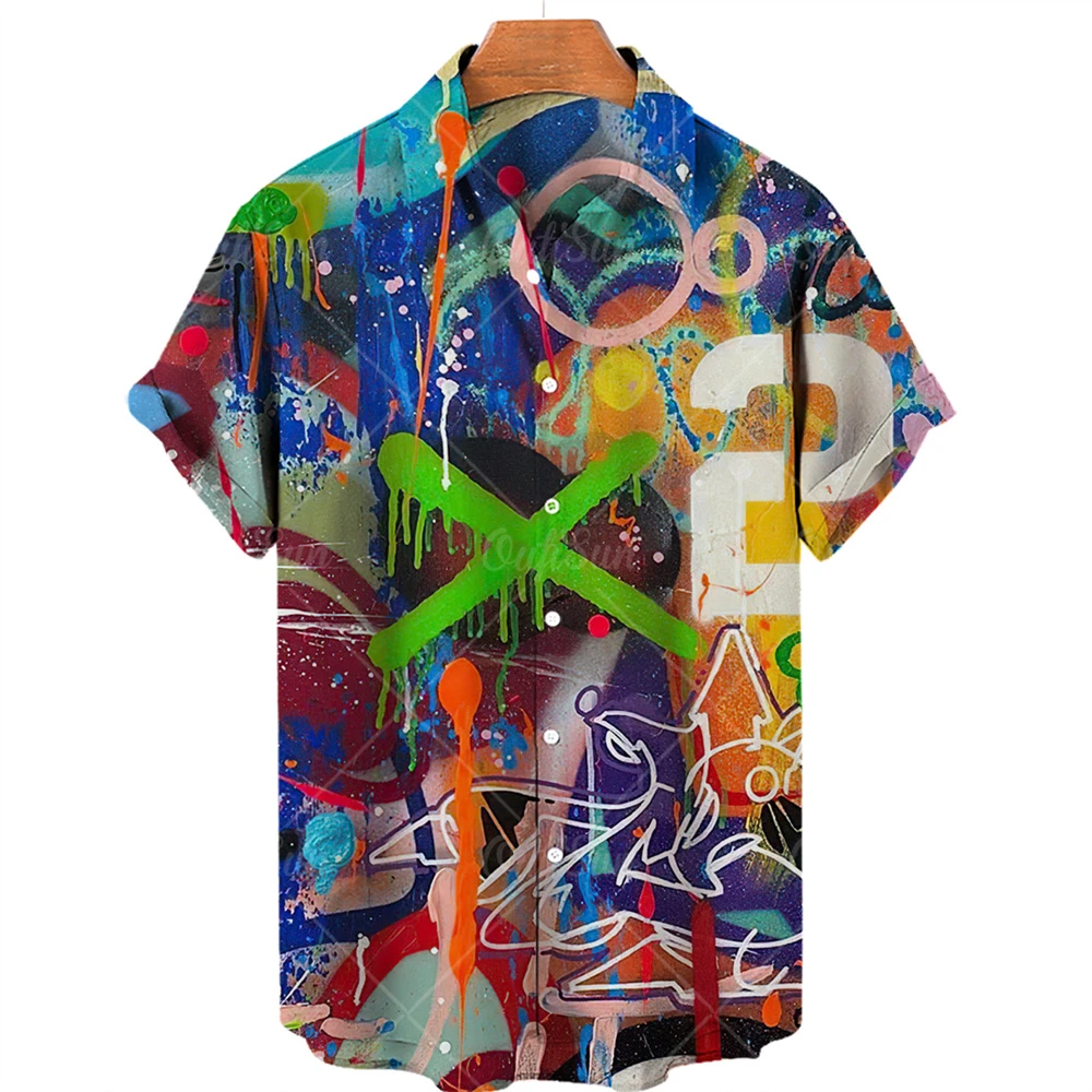 Summer Men\'s Designer Shirts Colorful Graffiti 3D Print Hawaiian Blouse Short Sleeves Fashion Floral Oversized Retro