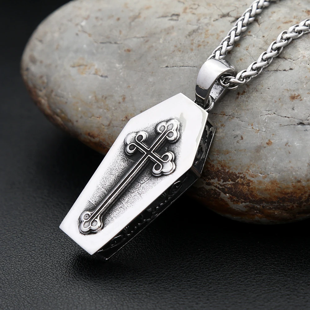 Gothic Vintage Stainless Steel Double Skull Coffin Pendant Necklace For Men Punk Vampire Skeleton Necklaces Biker Jewelry Gifts