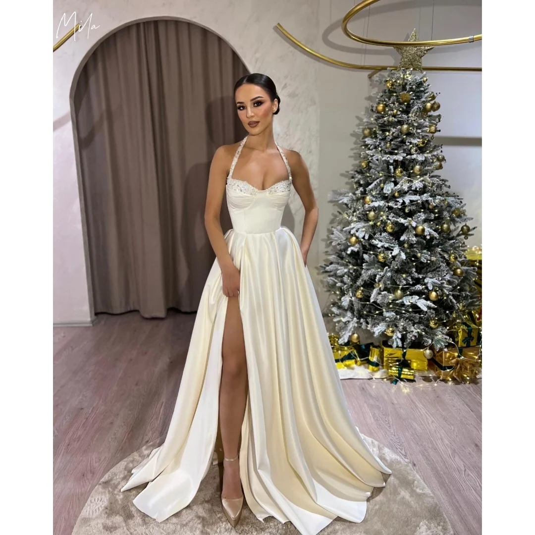 

Mila White Beaded Halter Neck Prom Dresses Backless Sleeveless Customized Formal Evening Floor-Length vestidos de gala 2025