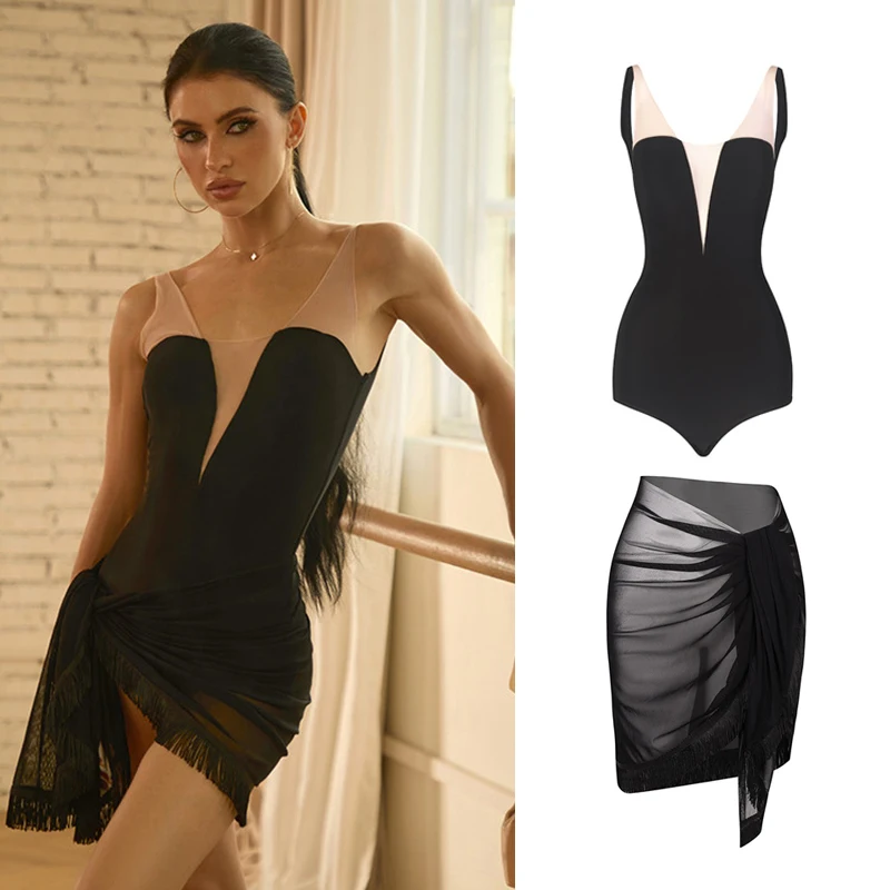 

Summer Latin Dance Clothes ZYM Black Bodysuit Mesh Skirt Women Rumba Chacha Dance Practice Wear Ballet Dance Costume DNV27165