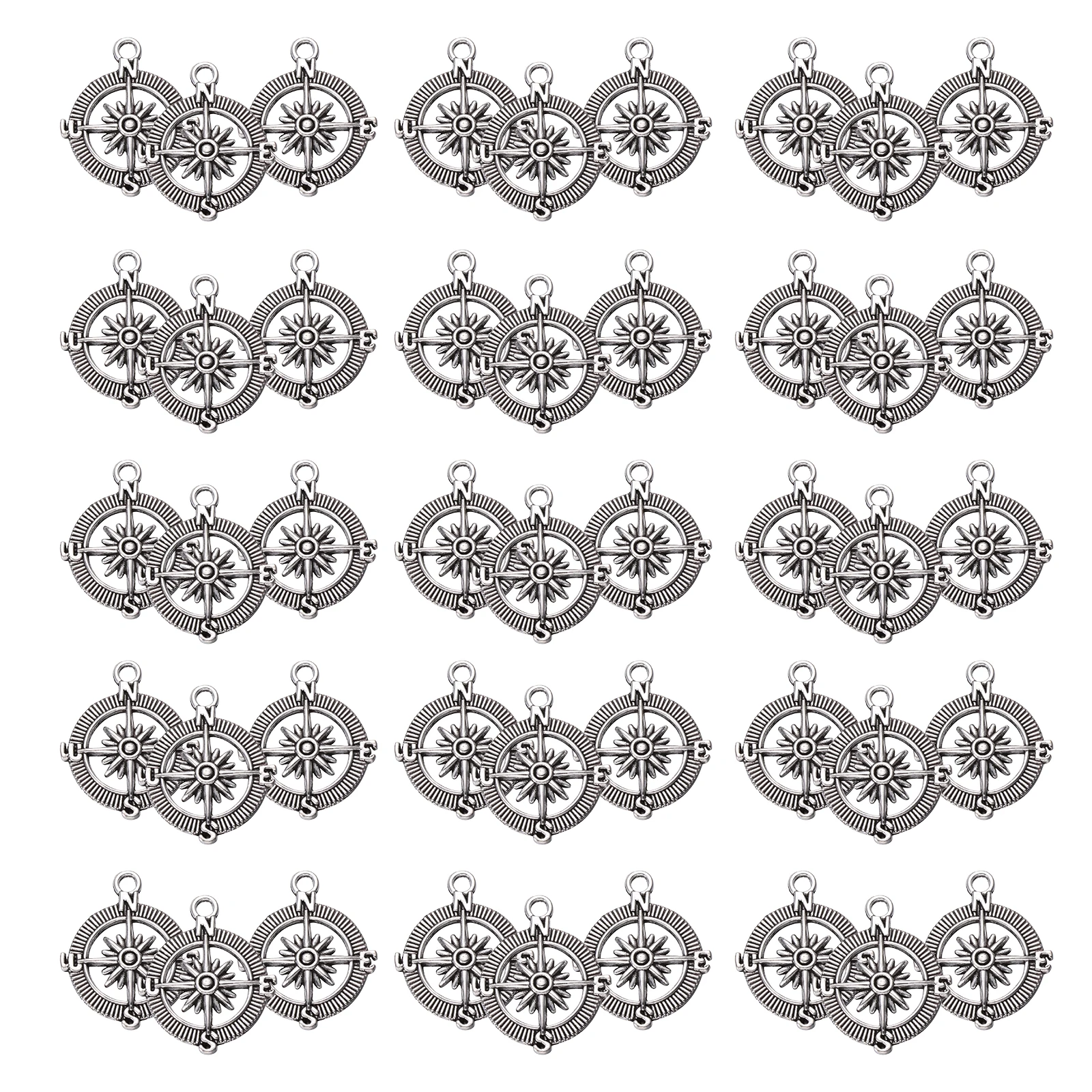 

50 шт. Выпускной комплект для изготовления ювелирных изделий, серебряные полированные подвески из сплава, форма компаса, подвески «сделай сам», для ожерелья, браслета, брелка