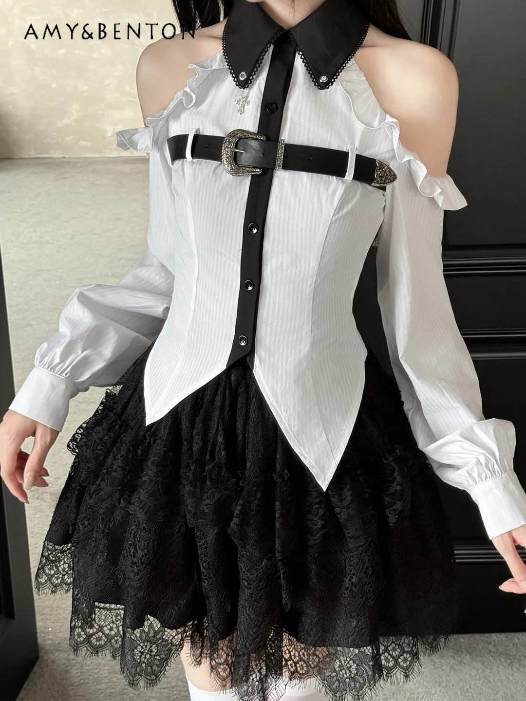

Women Dark Retro White Striped Shirt Off Shoulder Long Sleeve Belt Decor Slim Fit Casual Blouse Stylish Daily Wear Outfit