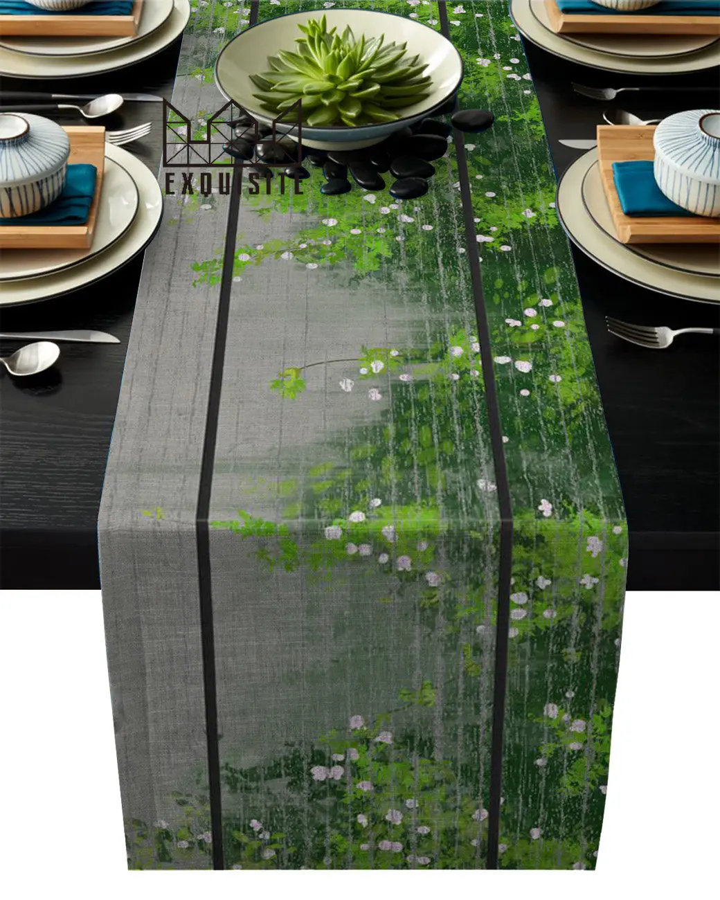 Green Plants On Wood Grain Background Table Runners For Wedding Party Decoration Modern Linen Cotton Table Runner Home Decor