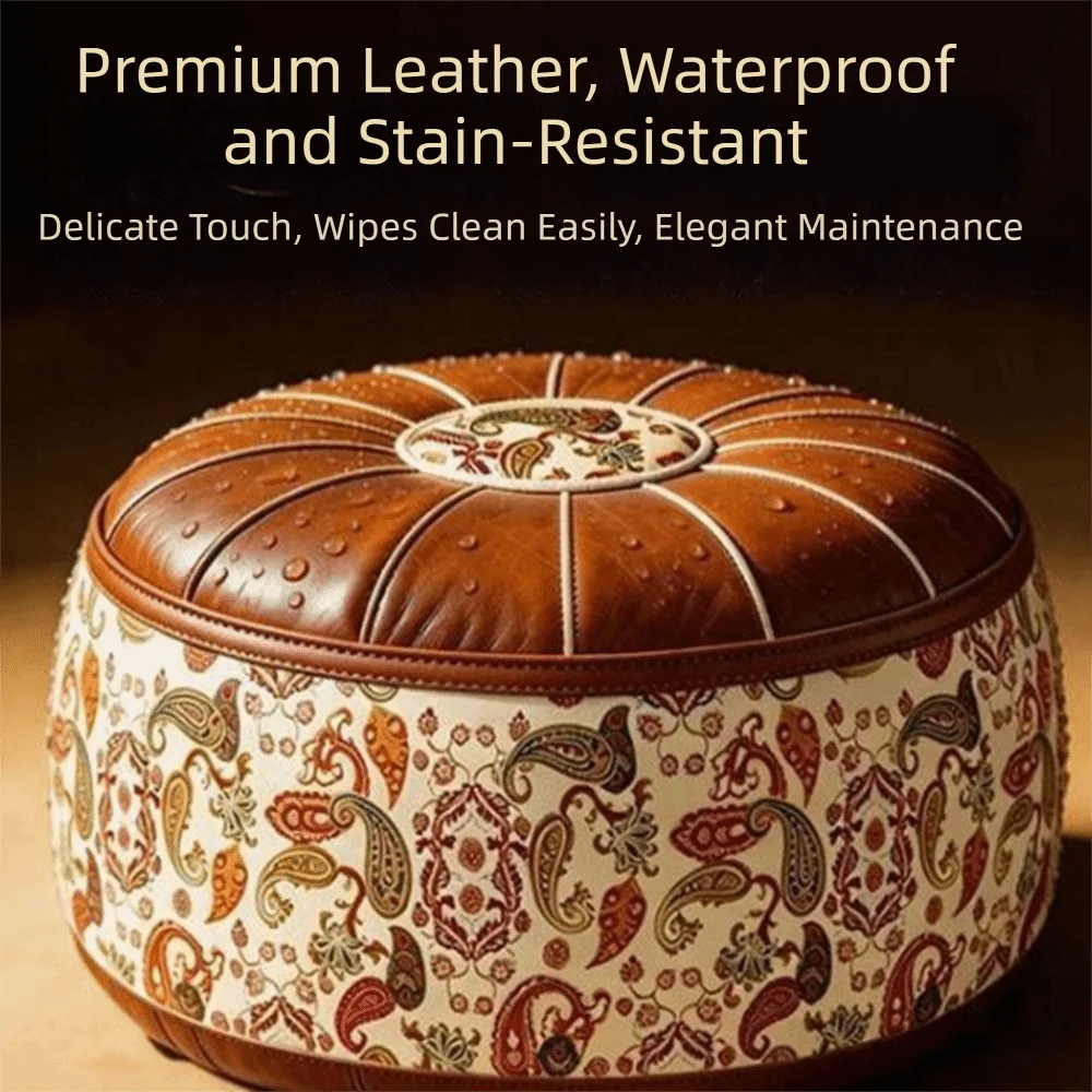 PU Leather Seat Cushion Cover Vintage Large Capacity Round Footstool Cover Space-Saving Unstuffed Sofa Stool Cover Leisure