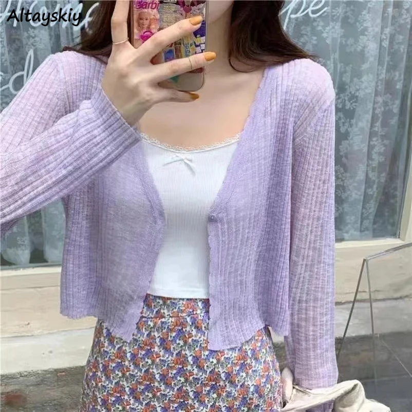 

Cardigans Women Summer Knitting V-neck Breathable Korean Style Sweet Solid Simple Loose Coats Sun-protection Ulzzang Stylish Ins