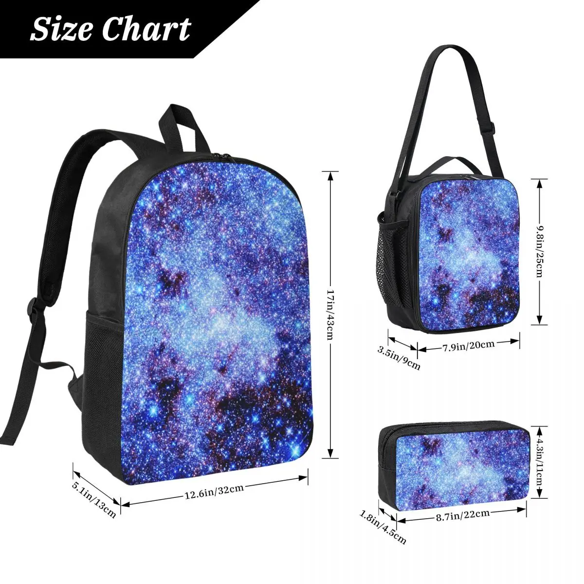 Galaxy Sparkle Stars Periwinkle Blue Backpack BookBag School Bag Computer Shoulder Bags 3ps Insulated Lunch Bag Pencil Case