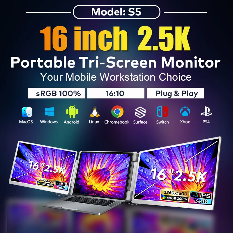 ODM/OEM 16 Inch Portable Monitor with Dual 2.5K LCD Display Laptop Screen Extender Triple Monitor for Gaming Computer PC