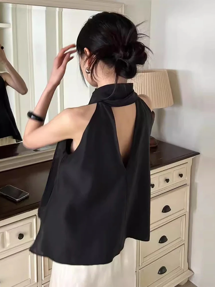 섹시한 백리스 넥 홀터 베스트 여성 여름 신상 레트로 루즈핏 셔츠와 매치 가능한 편안하고 통기성 좋은 캐주얼 웨어