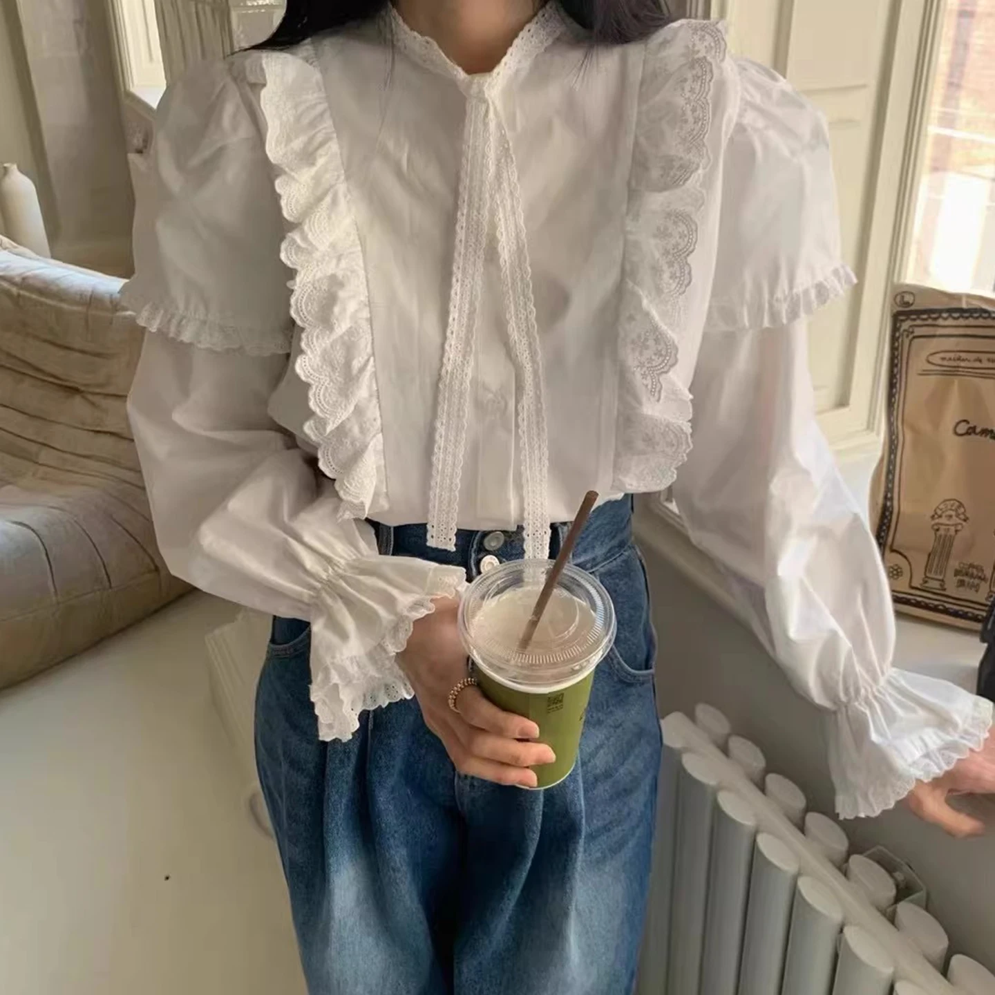 Chique blouse met kanten rand Dames vroege lente Ele Losse veelzijdige lange Sve-top Polyestervezel Bubble Sve opstaande kraag