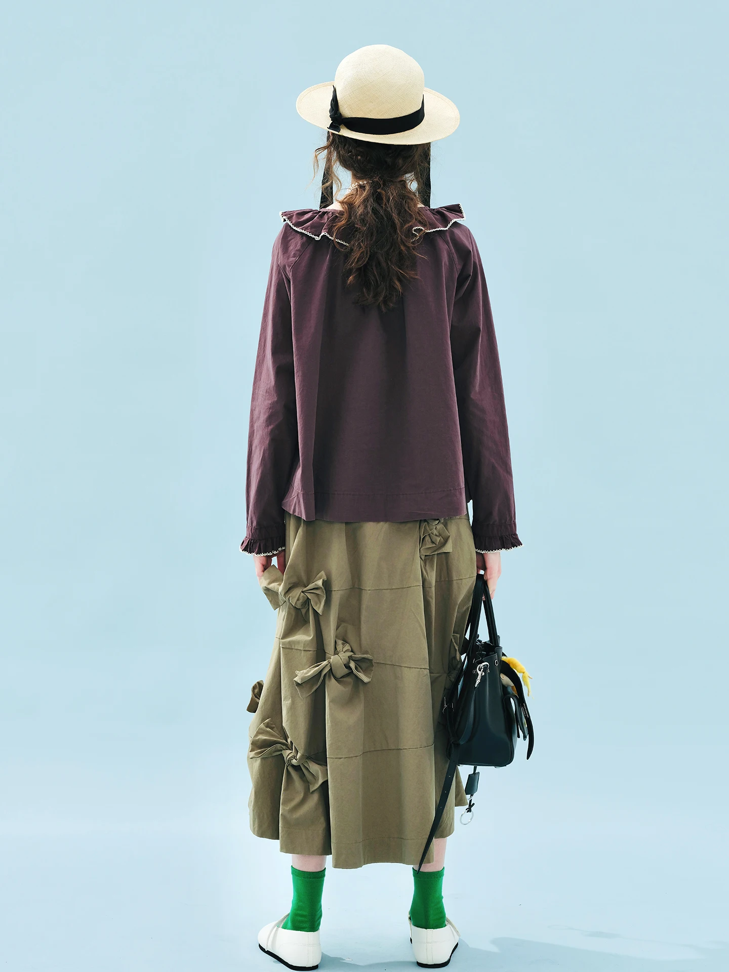 Burgundy Ruffled Pullover Long-sleeve Shirt loose fit  daily dating or casual shopping, showing off a gentle temperament255217