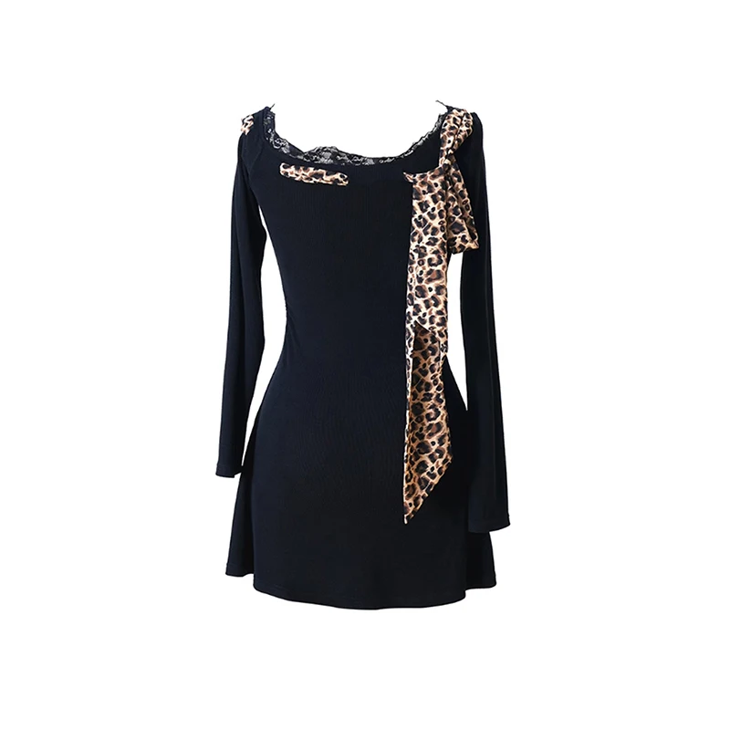 Sexy Dress Women y2k Clothes Leopard Print Lace Trim Off Shoulder Long Sleeve A Line Mini Dress Party Dresses Clubwear