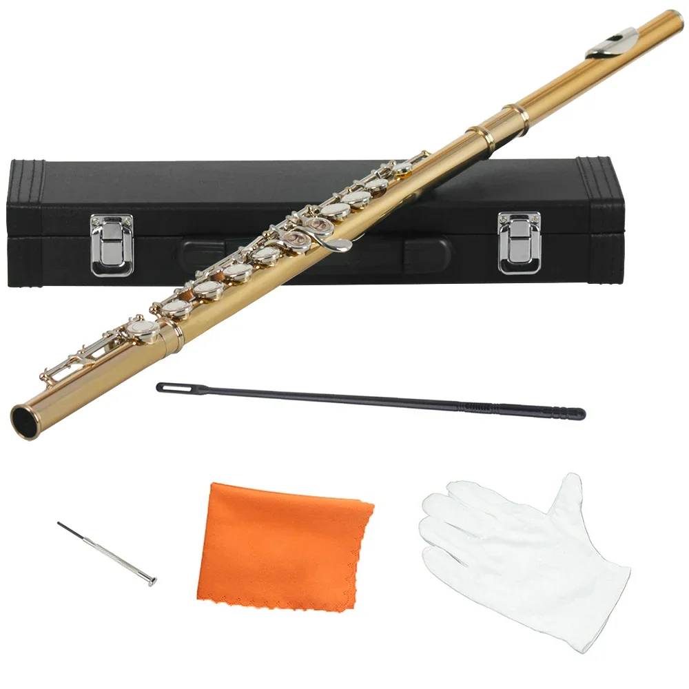 16 Closed Holes Flute C Key Professional Silver Flute Concert Musical Instrument Flute Box Cleaning Cloth Stick Gloves Parts